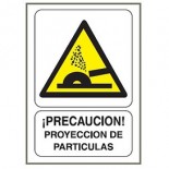 Señal adhesiva de 110x70mm - Precaución proyección partículas (50 unidades)